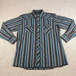 Wrangler VTG 90s Vertical Stripe Western Snap Shirt XLT Black Blue Green Grunge